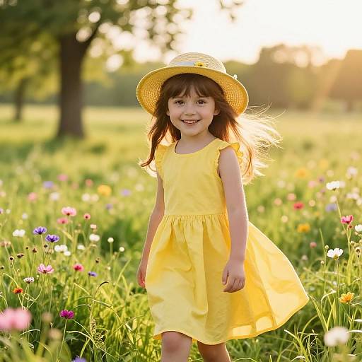Photograph of a smiling young girl in a yellow dress and straw hat standing in a sunlit meadow filled with colorful wildflowers.