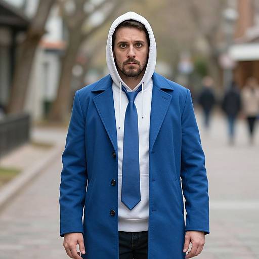 Photograph of a serious-looking man with a beard, blue coat, white hoodie, and blue tie, standing on a blurred urban street.