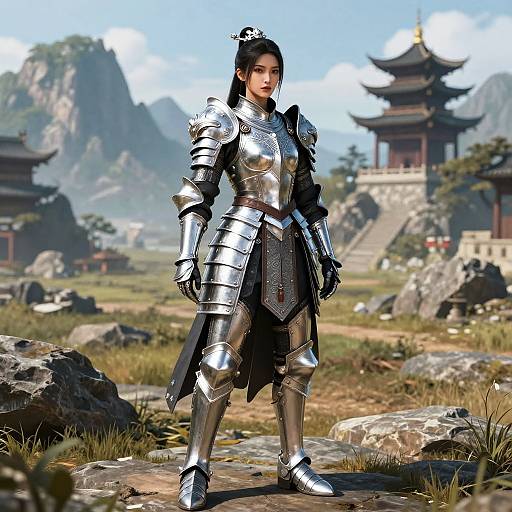 Digital artwork of a stern, armored Asian woman in medieval silver armor standing in a lush, rocky, mountainous landscape with traditional East Asian temples in the