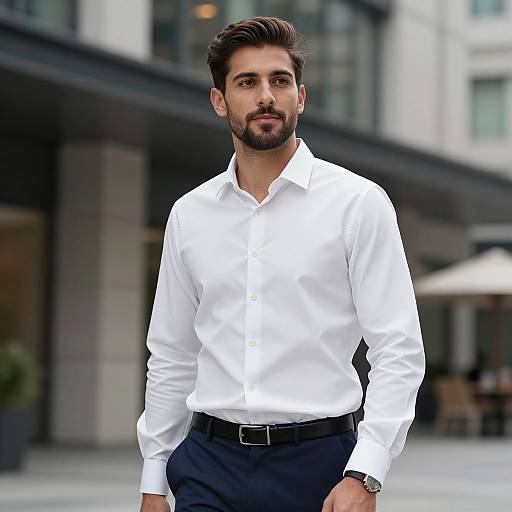 Photograph of a handsome, bearded man with dark hair, wearing a crisp white dress shirt and black pants, standing outdoors in front of a modern