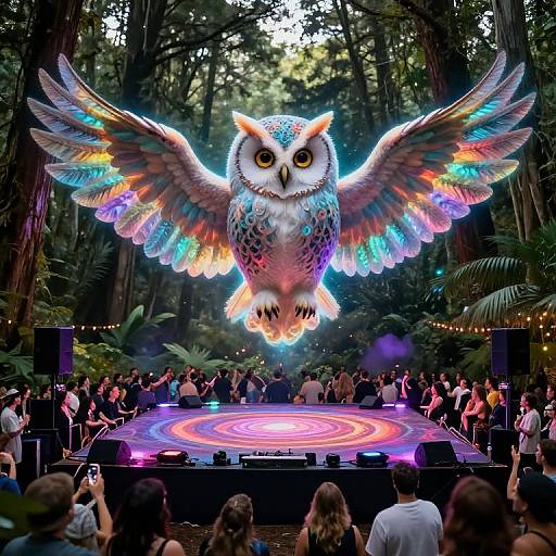 CGI image of a glowing, rainbow-feathered owl with outstretched wings flying over a forest stage, surrounded by a crowd.