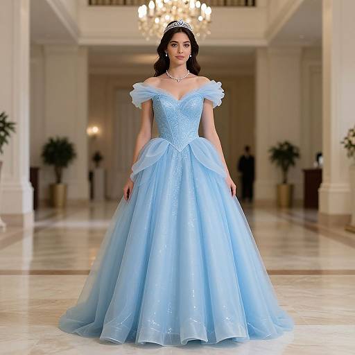 Photograph of a dark-haired woman in a light blue, off-shoulder, ball gown with a tiara, walking down a grand, marble