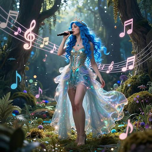 Digital art: Blue-haired fairy singing in enchanted forest, wearing a glittering, transparent dress, surrounded by musical notes, glowing lights, and mossy