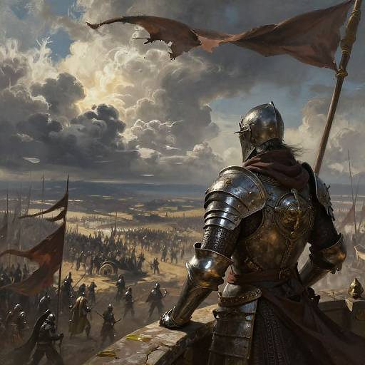 Digital painting of a knight in shining armor, back to viewer, overlooking a medieval battlefield with soldiers and torn flags under dramatic, cloudy sky.