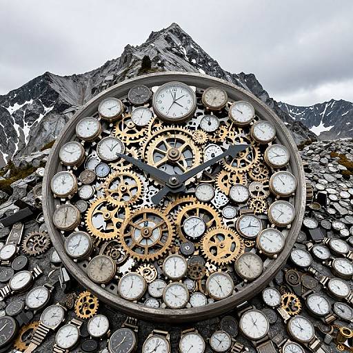 Photograph of a circular clock made from numerous white-faced clocks and interlocking gears, set against a mountainous, rocky background.