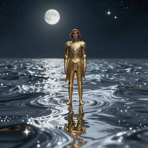 Photograph of a woman in a gold, sparkling, futuristic outfit standing in shimmering, starlit water under a full moon.