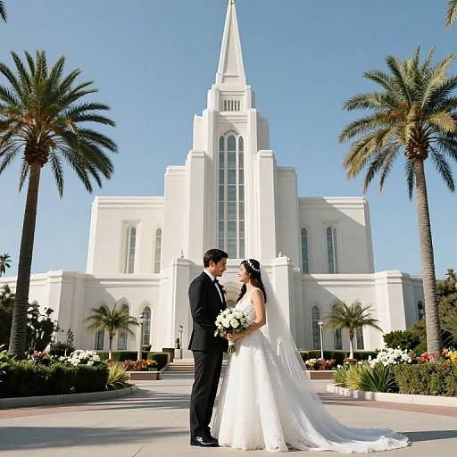 Photograph of a couple in wedding attire standing in front of a white church with a tall steeple, flanked by palm trees, and a