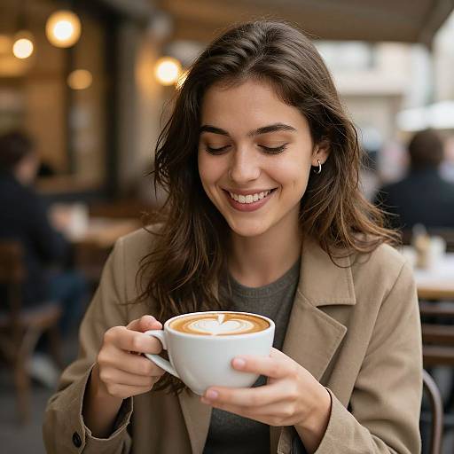 Photograph of a smiling young woman with long brown hair, wearing a beige coat over a gray top, holding a cup of foamy cappucc
