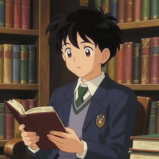Anime-style illustration of a young boy with black hair, wearing a dark blue school blazer, white shirt, and green striped tie, reading a book