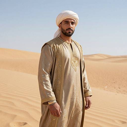 Photograph of a Middle Eastern man with a white turban, gold-embroidered traditional robe, standing in a sunny desert with sand dunes