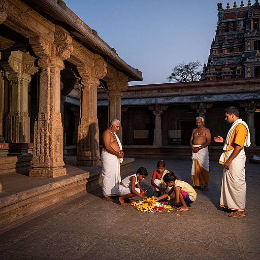 Photograph of five Indian men in white dhotis, including one elderly man with gray hair, around a flower offering on temple steps, with intricate