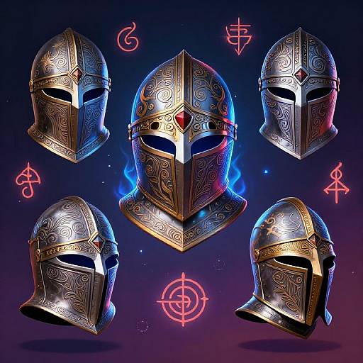 Digital artwork of five ornate, silver medieval helmets with intricate patterns, glowing blue accents, and red gemstones, set against a dark, starry