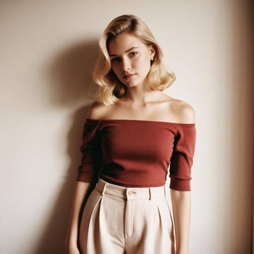 Young Blonde Woman in Vintage Off-Shoulder Top