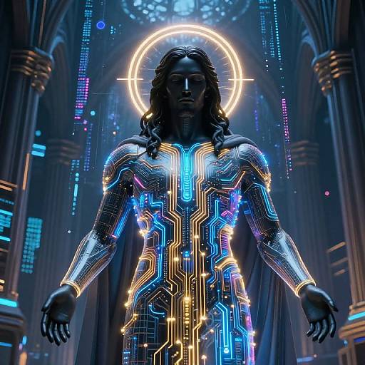 Digital art of a glowing, cybernetic Jesus figure with neon circuit patterns, halo, and long hair, standing in a futuristic cathedral.