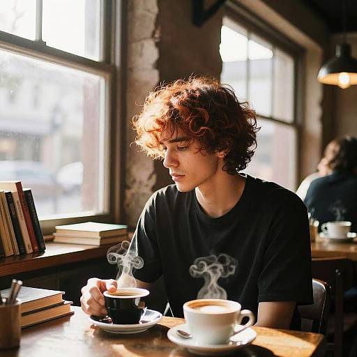 Photograph of a curly-haired young man in a black t-shirt, sipping coffee in a sunlit, rustic café with books and steaming cups