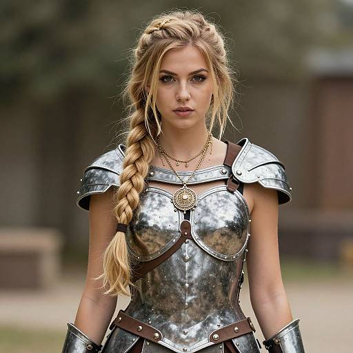 Photograph of a blonde woman with a braided ponytail, wearing silver medieval armor, standing outdoors with a blurred forest background.