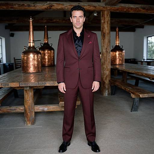 Photograph of a man with short dark hair in a dark burgundy suit, black shirt, and black shoes, standing in a rustic wooden dining hall