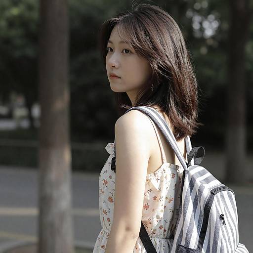 Young Woman in Floral Dress Outdoors