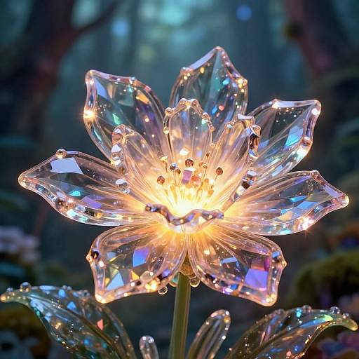 Photograph of a glowing, crystal-like flower with multi-faceted petals adorned with tiny lights, water droplets, and vivid blue reflections, set