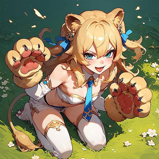Anime Lion Girl in Paw Pose on Grass