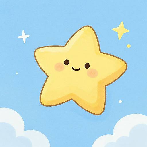 Cute, yellow, cartoon star with a smiling face and blushing cheeks floating in a light blue sky with white clouds and sparkles. Digital art