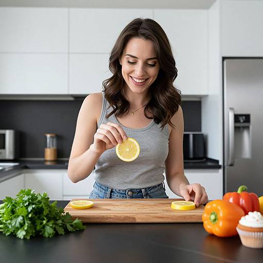 Photograph of a smiling brunette woman in a gray tank top slicing a lemon on a wooden cutting board in a modern kitchen. Bright vegetables and a cup