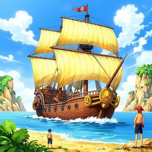 Colorful digital drawing of a large wooden pirate ship with yellow sails approaching a tropical beach, two boys watching from shore.