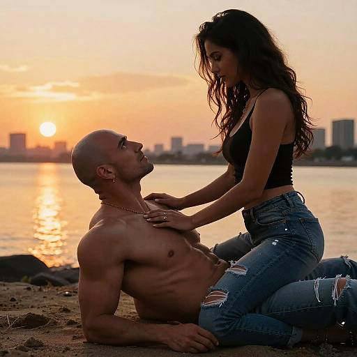 Photograph of a muscular, bald, shirtless man seated on a beach at sunset, gazing up at a long-haired woman in a black tank