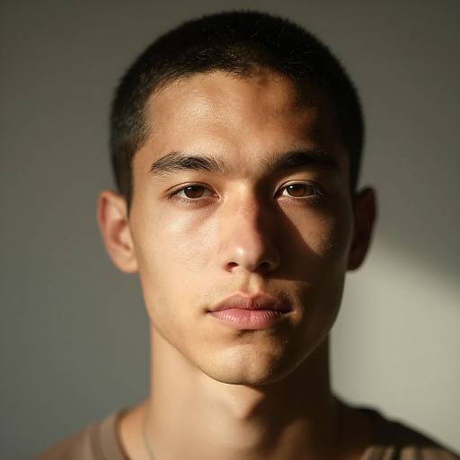 Photograph of a young man with short black hair, light brown skin, and brown eyes, illuminated by soft sunlight, wearing a brown shirt, against