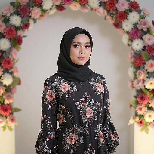 Asian Woman in Floral Dress and Hijab