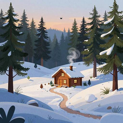 Enchanted Snowy Pine Forest Cabin