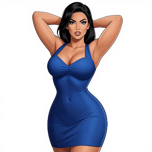 Digital artwork of a curvy woman with black hair, wearing a tight, blue halter dress, posing with arms behind her head.