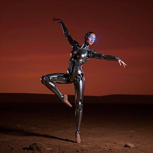 Photograph of a woman in black, glossy, latex bodysuit and helmet, performing a ballet pose on one foot in a desert at sunset,