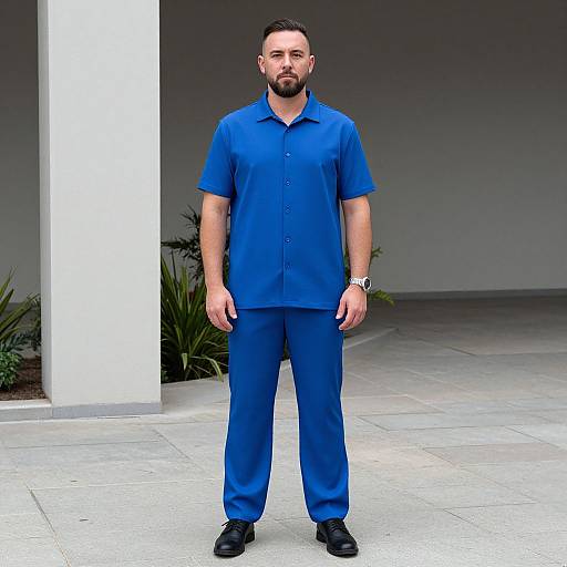 Photograph of a bearded man with short dark hair, wearing a blue short-sleeve button-up shirt and pants, black shoes, standing on