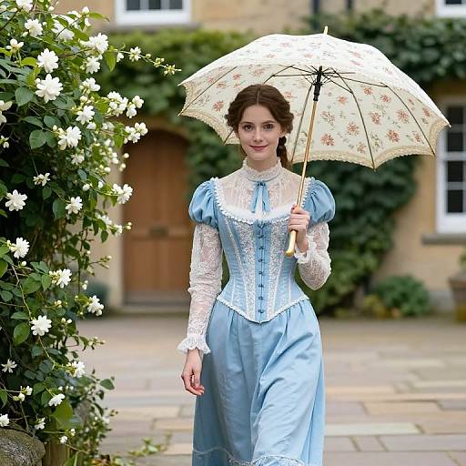Victorian-style woman in blue dress with lace bodice, holding floral umbrella, standing in front of blooming white flowers and brick house. Photograph.