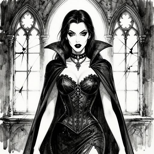 Gothic-style digital drawing of a pale, black-haired woman with dark lipstick, wearing a corset, lace trim, and cape, standing in