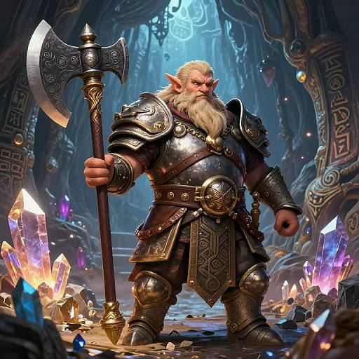 Digital fantasy art of a muscular, bearded, blonde elf warrior with pointed ears, in ornate golden armor, holding a large, decorated axe,