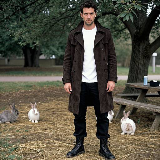 Photograph of a bearded man in a black coat, white shirt, black pants, and boots standing in a grassy park with hay and three