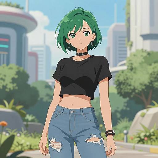 Futuristic Anime Woman in Urban Jungle
