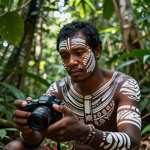 Photograph of a shirtless, dark-skinned man with white tribal face and body paint, holding a camera in a lush, green jungle.