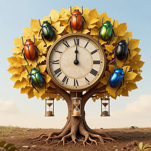 Photograph of a whimsical tree clock with a round clock face, Roman numerals, surrounded by bright yellow leaves, and colorful beetles, with