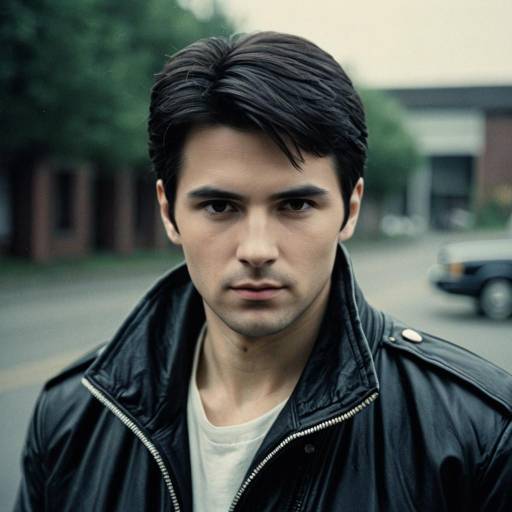 Serious young man in dark leather jacket