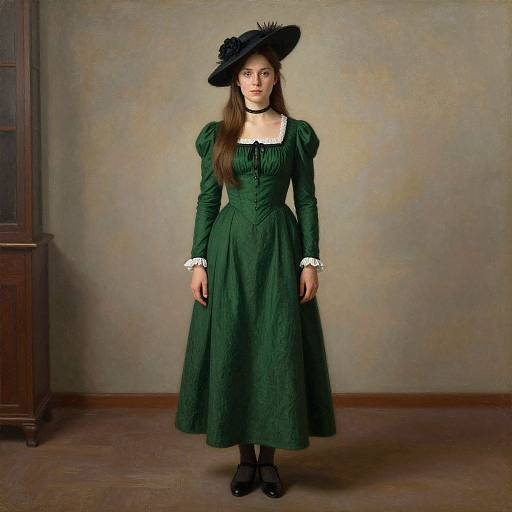 Photograph of a young woman in a Victorian-style, dark green dress with puffed sleeves and white lace trim, wearing a black hat and black shoes
