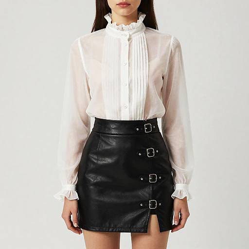 Photograph of a woman in a sheer white blouse with ruffled neckline, paired with a black leather skirt featuring three buckle straps. White background.