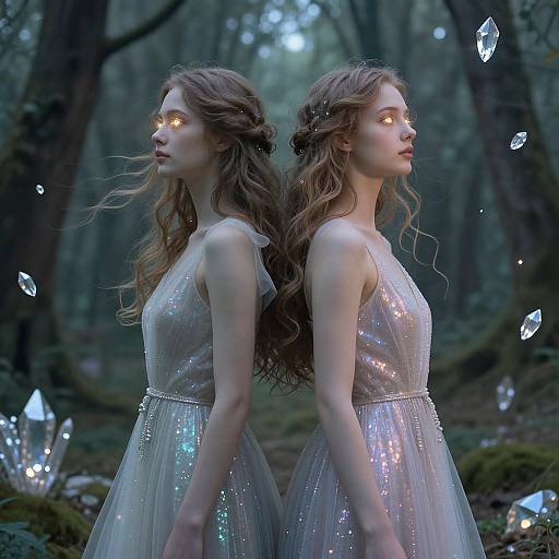 Photograph of two identical young women with glowing eyes, wearing shimmering silver dresses, standing back-to-back in a dark, enchanted forest with floating crystals