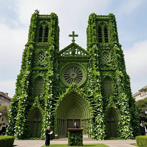 Photograph of a Gothic-style church facade completely covered in lush green ivy, with a cross on the roof, under a clear blue sky. Two