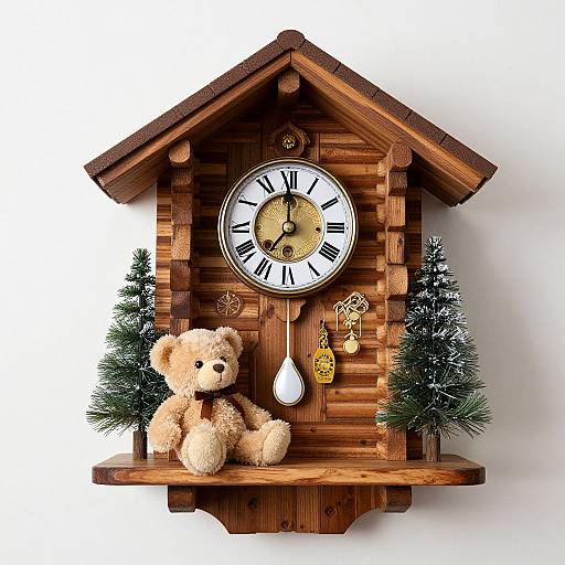 Photograph of a rustic wooden clock house with a beige teddy bear, pine trees, a hanging bell, and clock face.