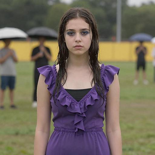 Young woman in purple dress on rainy day