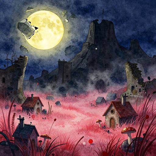 Surreal Fantasy Sunken City Ruins at Night