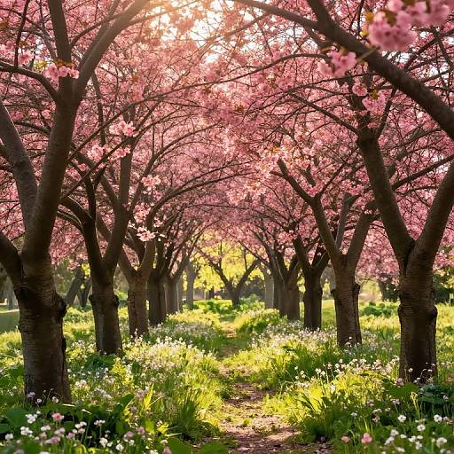Photograph of a sunlit cherry blossom grove, with pink blossoms overhead, dark brown tree trunks, and a green, flower-speck